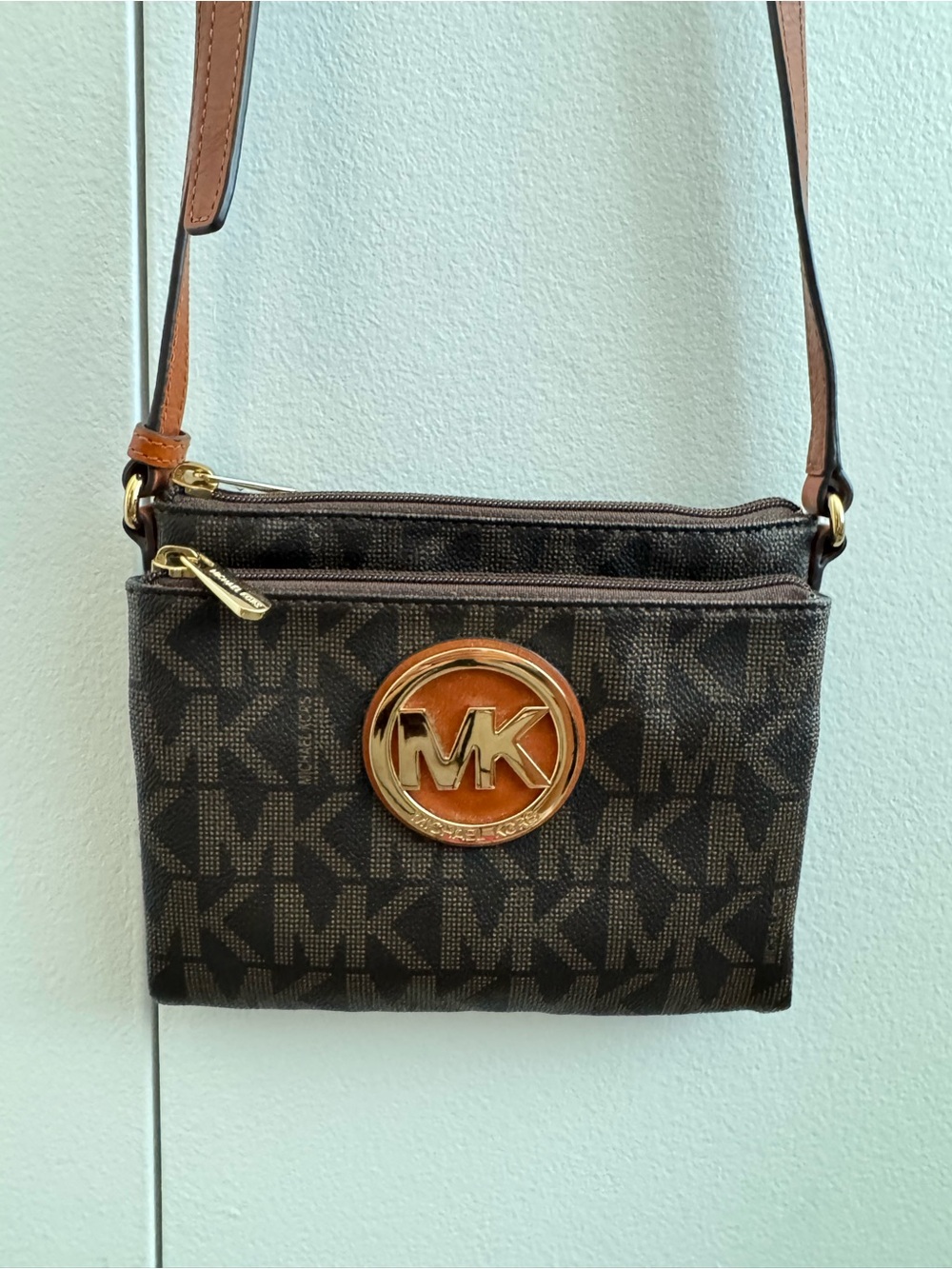Michael Kors Dark Brown MK Monogram Crossbody with Gold Logo